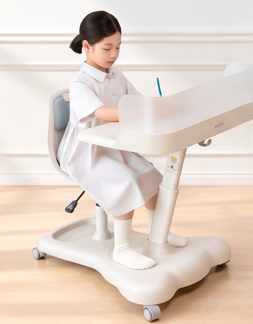 Bé ngồi học trên ghế có pitong cố định, cần gạt nâng hạ dưới mặt ghế